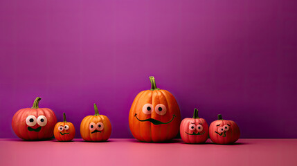 Halloween pumpkins on a light magenta background.