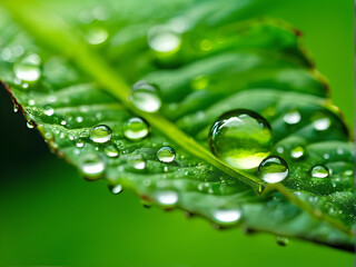 Large drops of morning dew on green leaf - 661824322