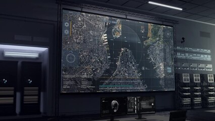 Secret Agency Software For Surveillance Data Analysis Investigates City Area. Futuristic Spy Software. Satellite Surveillance Analysis. Analysis Software Sends Surveillance Information To Drones - Powered by Adobe