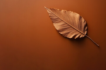 Autumn dried leaf on a brown background with copy space