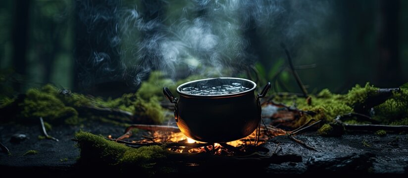 Night witch sabbath Kupala Night called Noc Kupaly in Poland with a mysterious decoction boiling in a cauldron by the campfire With copyspace for text