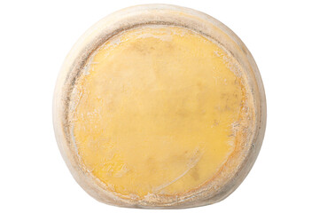 Wheel cheddar. Unsliced aged cheese isolated on white background