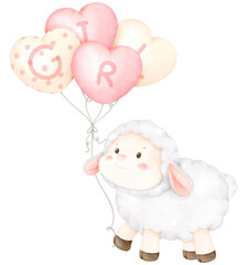 Obraz premium baby girl cute sheep and balloons