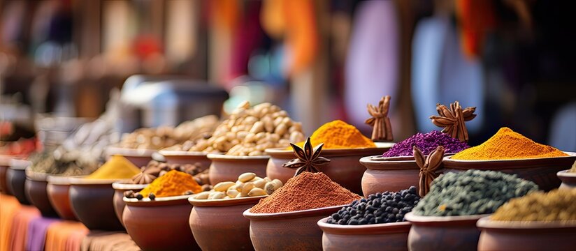Moroccan traditional market sells spices and herbs at street stalls With copyspace for text