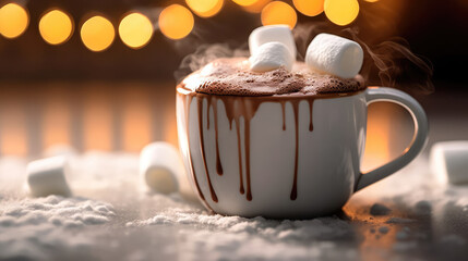 Close-up of a marshmallow falling into a cup of hot cocoa and making a splash. Movement and snowy landscape in the background. Generative AI