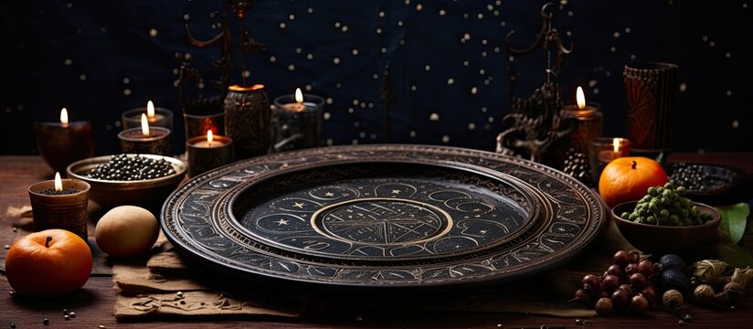 Moon phases and tarot card on a dark beautiful plate perfect for a wiccan altar With copyspace for text