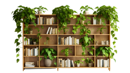 Pothos Vines Trailing from a Tall Bookshelf Isolated on Transparent or White Background, PNG