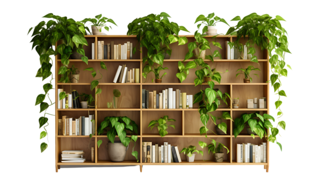 Pothos Vines Trailing from a Tall Bookshelf Isolated on Transparent or White Background, PNG
