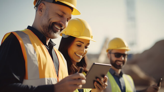 Smiling workers checking their and tablet at a construction site