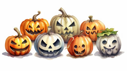 Watercolor painting of a Halloween pumpkins in light gray colours tones.