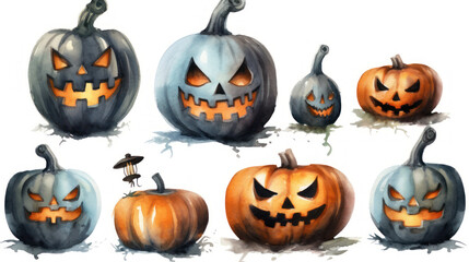 Watercolor painting of a Halloween pumpkins in dark gray colours tones.