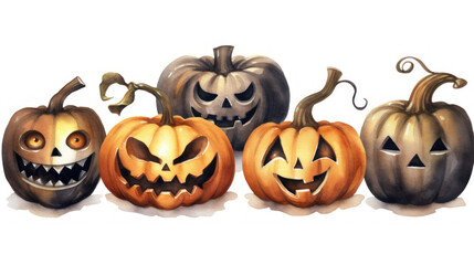 Watercolor painting of a Halloween pumpkins in dark gray colours tones.