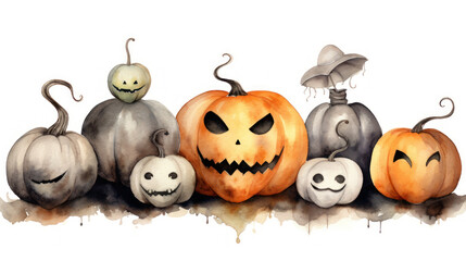 Watercolor painting of a Halloween pumpkins in dark gray colours tones.