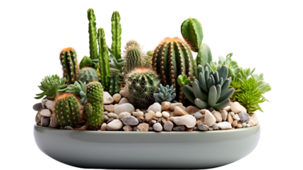 Mini Cactus Garden in Wide Flat Pot Isolated on Transparent or White Background, PNG