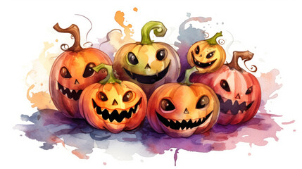 Watercolor painting of a Halloween pumpkins in maroon colours tones.