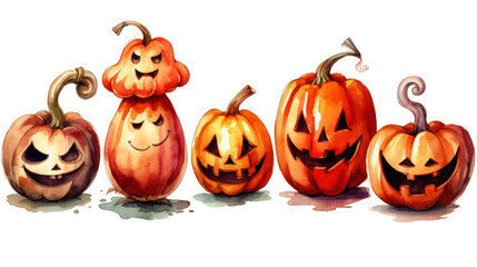 Watercolor painting of a Halloween pumpkins in red colours tones.