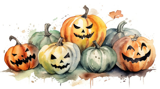 Watercolor painting of a Halloween pumpkins in light gray colours tones.