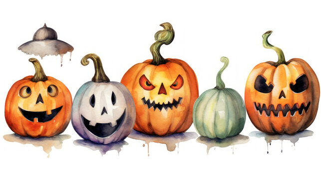 Watercolor painting of a Halloween pumpkins in light gray colours tones.