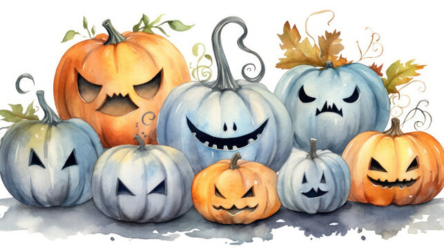 Watercolor painting of a Halloween pumpkins in gray colours tones.