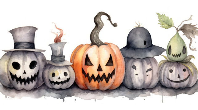Watercolor painting of a Halloween pumpkins in gray colours tones.