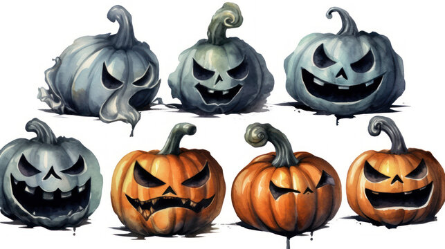 Watercolor painting of a Halloween pumpkins in dark gray colours tones.