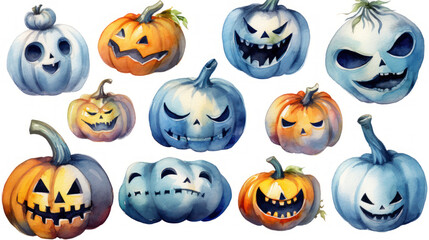 Watercolor painting of a Halloween pumpkins in blue colours tones.