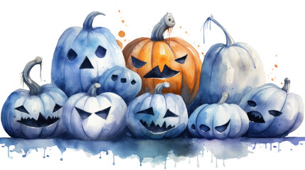 Watercolor painting of a Halloween pumpkins in indigo colours tones.