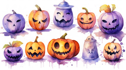 Watercolor painting of a Halloween pumpkins in violet colours tones.
