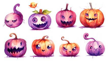 Watercolor painting of a Halloween pumpkins in magenta colours tones.