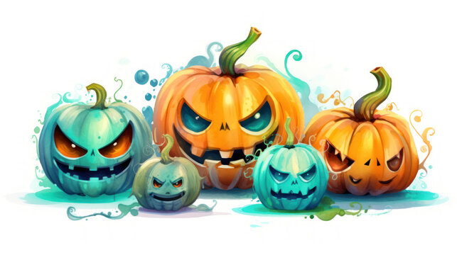 Watercolor painting of a Halloween pumpkins in teal colours tones.