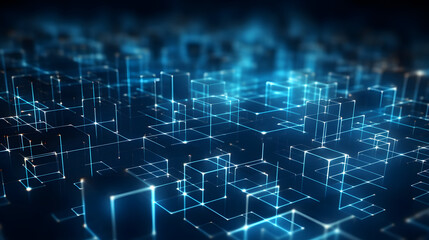 Obraz premium Technology blue cubes particles. Modern digital abstract 3D background. Can be used in the description of network abilities, technological processes, digital storages, science, education, etc.
