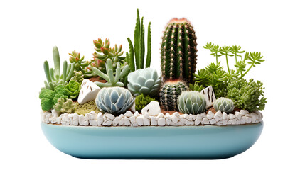 Mini Cactus Garden in a Wide Flat Pot Isolated on Transparent or White Background, PNG