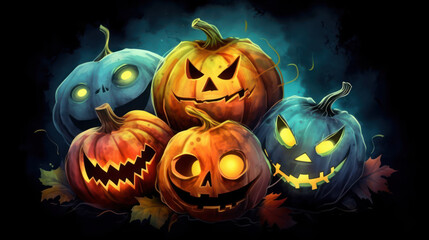 Watercolor painting of a Halloween pumpkins in aqua colours tones.