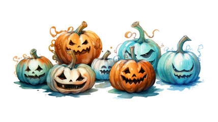 Watercolor painting of a Halloween pumpkins in azure colours tones.