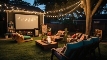 A backyard movie night birthday celebration with a projector, cozy seating, and a variety of snacks for a cinematic experience. - obrazy, fototapety, plakaty