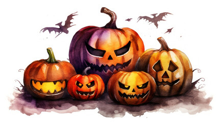 Watercolor painting of a Halloween pumpkins in dark maroon colours tones.