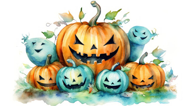 Watercolor painting of a Halloween pumpkins in turquoise colours tones.