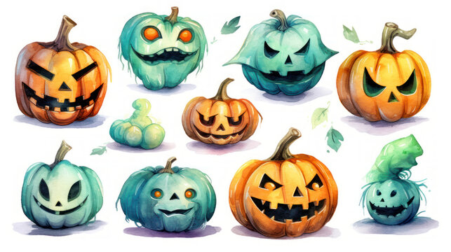 Watercolor painting of a Halloween pumpkins in aqua colours tones.
