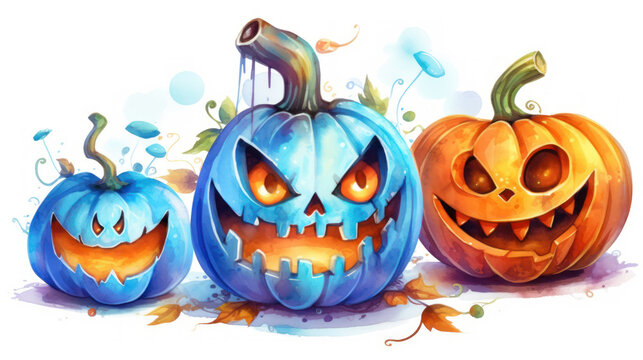 Watercolor painting of a Halloween pumpkins in azure colours tones.