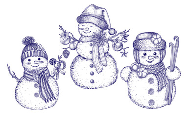 Vector illustration of 3 snowmen in hats and scarves in engraving style	