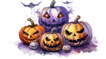 Watercolor painting of a Halloween pumpkins in dark purple colours tones.