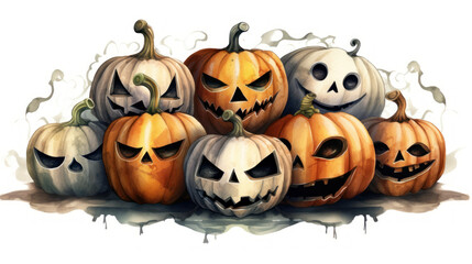 Watercolor painting of a Halloween pumpkins in light black colours tones.