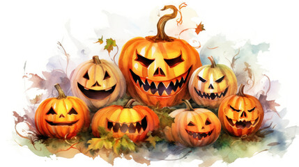 Watercolor painting of a Halloween pumpkins in light orange colours tones.