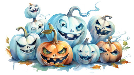 Watercolor painting of a Halloween pumpkins in light blue colours tones.