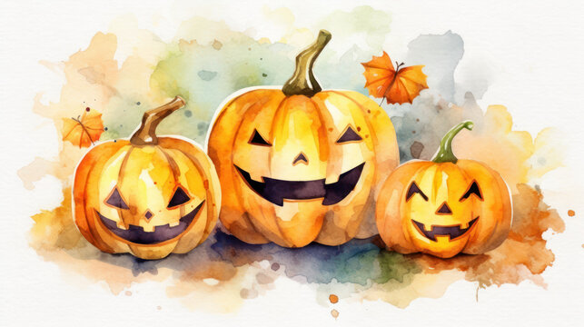 Watercolor painting of a Halloween pumpkins in light yellow colours tones.