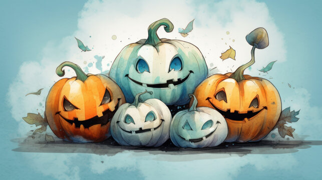Watercolor painting of a Halloween pumpkins in light cyan colours tones.