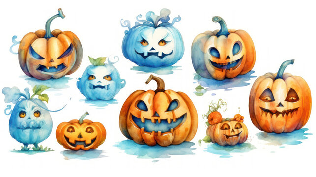 Watercolor painting of a Halloween pumpkins in light blue colours tones.