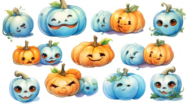 Watercolor painting of a Halloween pumpkins in light blue colours tones.
