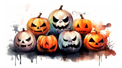 Watercolor painting of a Halloween pumpkins in vivid red colours tones.