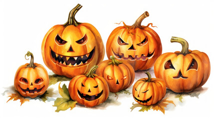 Watercolor painting of a Halloween pumpkins in vivid orange colours tones.